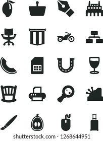Solid Black Vector Icon Set - tassel vector, cradle, flowchart, glass, slice of melon, mango, half loquat, industrial factory, SIM card, shopping basket, magnifying, cashbox, mouse, printer, chair