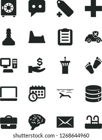 Solid Black Vector Icon Set - envelope vector, plus, add label, potty chair, children's tracks, big data, strongbox, autopilot, portfolio, get a wage, think, computer, notebook pc, schedule clock