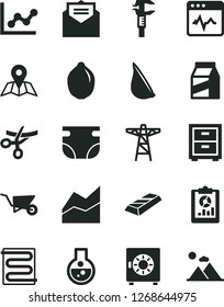 Solid Black Vector Icon Set - bedside table vector, line chart, graph, nappy, building trolley, heating coil, received letter, map, cardiogram, strongbox, package, garlic, lime, power pole, caliper