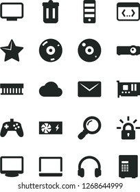 Solid Black Vector Icon Set - star vector, notebook pc, radiator fan, power supply, tower, card, monitor, cd, headphones, trash bin, coding, projector, magnifier, joystick, mail, cloud, encrypting