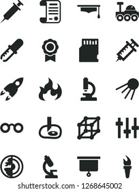 Solid Black Vector Icon Set - artificial satellite vector, research article, sd card, microscope, glasses, settings, pipette, flame, graduate hat, artifical insimination, earth core, medal, rocket