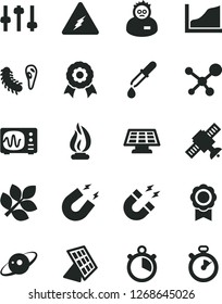 Solid Black Vector Icon Set - molecule vector, electricity, settings, satellite, bactery, pipette, oscilloscope, magnet, flame, scientist, growth graph, medal, sun panel, saturn, biology, stopwatch