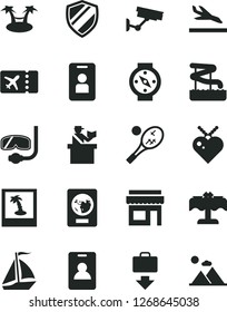 Solid Black Vector Icon Set - sail boat vector, identity card, passort control, passport, plane ticket, getting baggage, arrival, aquapark, restaurant, diving mask, photo, tennis, surveillance