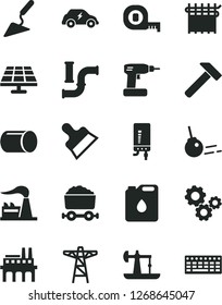 Solid Black Vector Icon Set - building trowel vector, cordless drill, measuring tape, putty knife, electronic boiler, hammer, core, solar panel, oil derrick, water pipes, factory, power pole, pipe