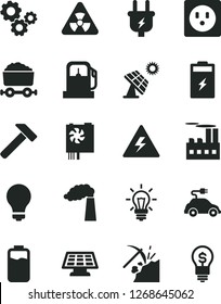 Solid Black Vector Icon Set - danger of electricity vector, matte light bulb, hammer, charge level, charging battery, big solar panel, coal mining, gas station, manufacture, plug, socket, gears, sun