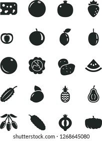 Solid Black Vector Icon Set - piece of cheese vector, cucumber, a pineapple, orange, pomegranate, squash, raspberry, half medlar, goji berry, tangerine, passion fruit, yellow lemon, sour lime
