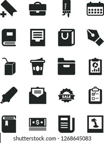 Solid Black Vector Icon Set - add bookmark vector, archive, book, packing of juice with a straw, electronic boiler, received letter, folder, bag handles, survey, coffe to go, portfolio, cash, sale
