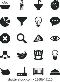 Solid Black Vector Icon Set - incandescent lamp vector, mark of injury, magnifier, cradle, baby cot, washbasin, speech, eye, piece pizza, hot porridge, chicken, bottle soda, strawberries, bananas