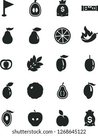 Solid Black Vector Icon Set - pennant vector, building level, cabbage, apple, pear, tasty, mango, half of, loquat, ripe plum, passion fruit, sour lime, slice lemon, guava, part, tomato, hot pepper