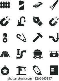 Solid Black Vector Icon Set - open pin vector, crane, hand saw, sewerage, knife, paving slab, new radiator, kitchen faucet, hammer, soda can, water pipes, trolley with coal, magnet, ink pen, safe