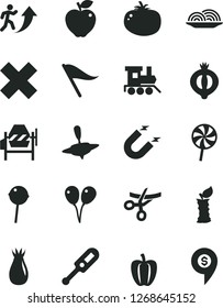 Solid Black Vector Icon Set - wind direction indicator vector, cross, electronic thermometer e, baby toy train, small yule, colored air balloons, concrete mixer, onion, tomato, Chupa Chups, lollipop