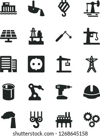 Solid Black Vector Icon Set - hook vector, winch, drill, buildings, construction helmet, sea port, solar panel, working oil derrick, manufacture, hydroelectric station, power line, socket, pipes