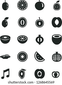 Solid Black Vector Icon Set - music vector, slices of onion, orange slice, half apricot, pomegranate, medlar, mango, peach, melon, tangerine, cherry, passion fruit, kiwi, sour lime, guawa, coconut