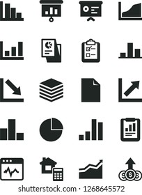 Solid Black Vector Icon Set - clean sheet of paper vector, pie chart, bar, growth, negative, positive histogram, estimate, cardiogram, pile, survey, statistical report, research, presentation, graph