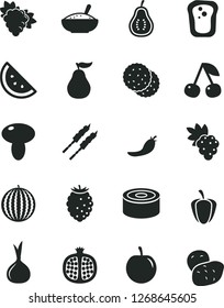 Solid Black Vector Icon Set - canned goods vector, mushroom, a bowl of rice porridge, barbecue, orange slice, biscuit, sandwich, cherry, half pomegranate, grape, branch, tasty raspberry, water melon