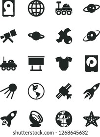 Solid Black Vector Icon Set - t short vector, earth, artificial satellite, planet, billboard, hdd, telescope, antenna, saturn, rocket, lunar rover, starfish