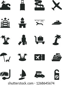 Solid Black Vector Icon Set - sand castle vector, plane, car baggage, passenger, rolling suitcase, ticket, beach, arnchair under umbrella, palm tree, aquapark, diving mask, surfing, hotel, cruiser