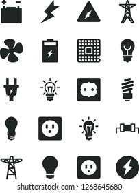 Solid Black Vector Icon Set - matte light bulb vector, saving, power socket type b, f, lightning, fan screw, charging battery, accumulator, line, pole, electric plug, processor, electricity