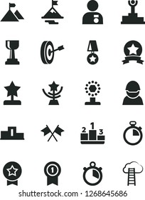 Solid Black Vector Icon Set - stopwatch vector, pedestal, racer, winner podium, cup, gold, star, reward, man with medal, motivation, mountain flag, purpose, pennant, ribbon, cross flags