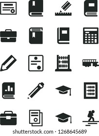 Solid Black Vector Icon Set - briefcase vector, graphite pencil, book, new abacus, e, portfolio, drawing, square academic hat, on statistics, scientific publication, engineer calculator, graduate