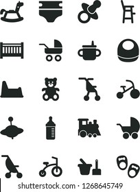Solid Black Vector Icon Set - baby cot vector, dummy, mug for feeding, measuring bottle, diaper, bib, stroller, carriage, summer, sitting, toy sand set, potty chair, a child, teddy bear, yule