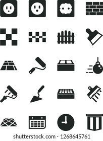 Solid Black Vector Icon Set - brickwork vector, big core, building trowel, new roller, paint, power socket type b, f, tile, ceramic tiles, brick, block, putty knife, spatula, hedge, paving slab