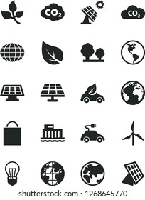 Solid Black Vector Icon Set - sign of the planet vector, paper bag, solar panel, big, leaves, leaf, windmill, Earth, bulb, hydroelectric station, trees, eco car, electric, CO2, carbon dyoxide, globe
