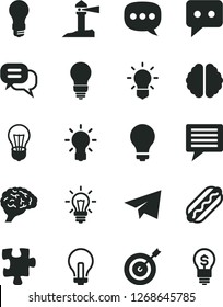 Solid Black Vector Icon Set - image of thought vector, matte light bulb, incandescent lamp, paper airplane, Puzzle, Hot Dog, coastal lighthouse, think, speech, brain, target, dialog, idea
