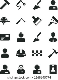 Solid Black Vector Icon Set - workman vector, trowel, building, paint roller, ceramic tiles, construction helmet, putty knife, hammer, with claw, employee, pass card, operator, builder, welding, gas