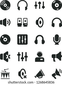 Solid Black Vector Icon Set - horn vector, loudspeaker, silent mode, drumroll, headphones, microphone, CD, regulator, volume, no sound, operator, megaphone, pc speaker, settings