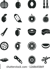 Solid Black Vector Icon Set - iron fork spoons vector, arm saw, knife, stationery, cheese, pizza, slices of onion, half pomegranate, mango, peach, melon, cherry, passion fruit, lemon, juicy, kiwi