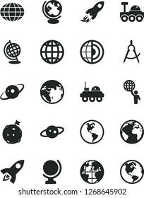 Solid Black Vector Icon Set - sign of the planet vector, globe, earth, scribed compasses, space rocket, core, saturn, lunar rover, man hold world, flag on moon