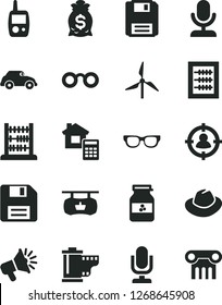 Solid Black Vector Icon Set - desktop microphone vector, floppy disk, hat, camera roll, new abacus, toy mobile phone, estimate, jar of jam, windmill, retro car, antique advertising signboard, column