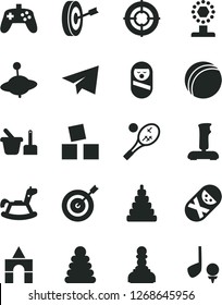 Solid Black Vector Icon Set - paper airplane vector, bath ball, stacking rings, toy, roly poly doll, tumbler, sand set, yule, rocking horse, cubes for children, box of bricks, joystick, cup, pawn