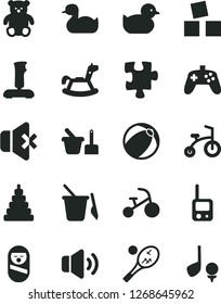 Solid Black Vector Icon Set - rubber duck vector, baby duckling, bath ball, stacking toy, roly poly doll, phone, sand set, children's, small teddy bear, rocking horse, cubes for children, tricycle