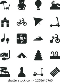 Solid Black Vector Icon Set - stacking rings vector, small teddy bear, box of bricks, child bicycle, Kick scooter, Puzzles, pawn, air balloon, hang glider, bike, tent, arnchair under umbrella, pool