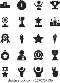 Solid Black Vector Icon Set - star vector, pedestal, flame torch, winner, prize, award, cup, gold, reward, man with medal, first place, ribbon, hero, hands up, victory hand