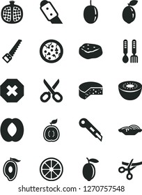 Solid Black Vector Icon Set - scissors vector, mark of injury, iron fork spoons, arm saw, knife, stationery, cheese, pizza, slices onion, piece meat, half pomegranate, mango, peach, passion fruit