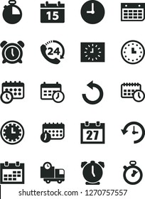 Solid Black Vector Icon Set - daily calendar vector, clock face, alarm, counterclockwise, wall, timer, delivery, 24, watch, black, agenda, schedule, history, stopwatch