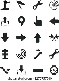 Solid Black Vector Icon Set - upward direction vector, downward, right, left, wind indicator, minus, index finger, move up, down, coastal lighthouse, repair, radar, cross flags, dollar pin, signpost