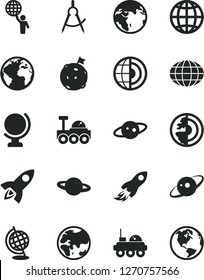 Solid Black Vector Icon Set - sign of the planet vector, globe, earth, scribed compasses, space rocket, core, saturn, lunar rover, man hold world, flag on moon