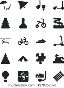 Solid Black Vector Icon Set - stacking rings vector, toy, child bicycle, Kick scooter, Puzzle, Puzzles, pawn, air balloon, hang glider, bike, tent, beach, arnchair under umbrella, aquapark, surfing