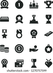 Solid Black Vector Icon Set - brick vector, cards, pedestal, coins, catch a coin, winner podium, prize, award, gold cup, star medal, first place, with pennant, ribbon, hero, ring, bar, dollar