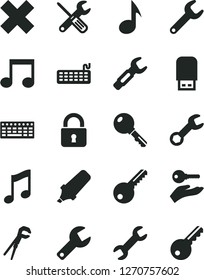 Solid Black Vector Icon Set - repair key vector, cross, small tools, adjustable wrench, lock, music, steel, text highlighter, keyboard, usb flash, note, arm with