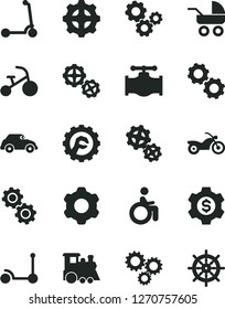 Solid Black Vector Icon Set - baby carriage vector, children's train, tricycle, Kick scooter, child, gears, cogwheel, star gear, valve, retro car, three, dollar, motorcycle, disabled, handwheel