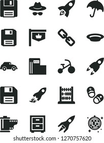Solid Black Vector Icon Set - floppy disk vector, spectacles, hat with glasses, camera roll, bedside table, tricycle, child shoes, abacus, umbrella, plate, modern gas station, retro car, disco ball