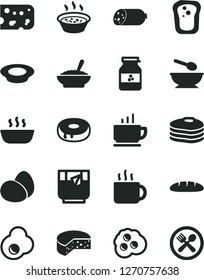 Solid Black Vector Icon Set - deep plate with a spoon vector, coffee, sausage, piece of cheese, eggs, loaf, cake hole, bowl buckwheat porridge, in saucepan, hot, milk, cup tea, glass, fried egg