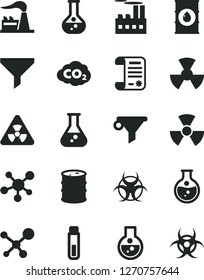 Solid Black Vector Icon Set - round flask vector, factory, oil, barrel, industrial building, radiation, carbon dyoxide, filter, water, research article, test tube, molecule, nuclear, biohazard