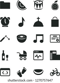 Solid Black Vector Icon Set - paper bag vector, baby carriage, children's tracks, drum, alarm clock, cardiogram, slice of water melon, kiwi, half guawa, piece coconut, modern gas station, welding