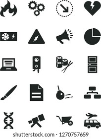 Solid Black Vector Icon Set - tassel vector, laptop, scribbled paper, pie chart, building trolley, interroom door, boiler, core, broken heart, flowchart, right bottom arrow, sushi set, three gears